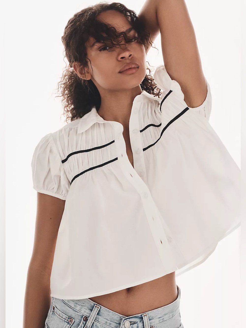 Maeve White Button-Front Peasant Blouse with Black Trim